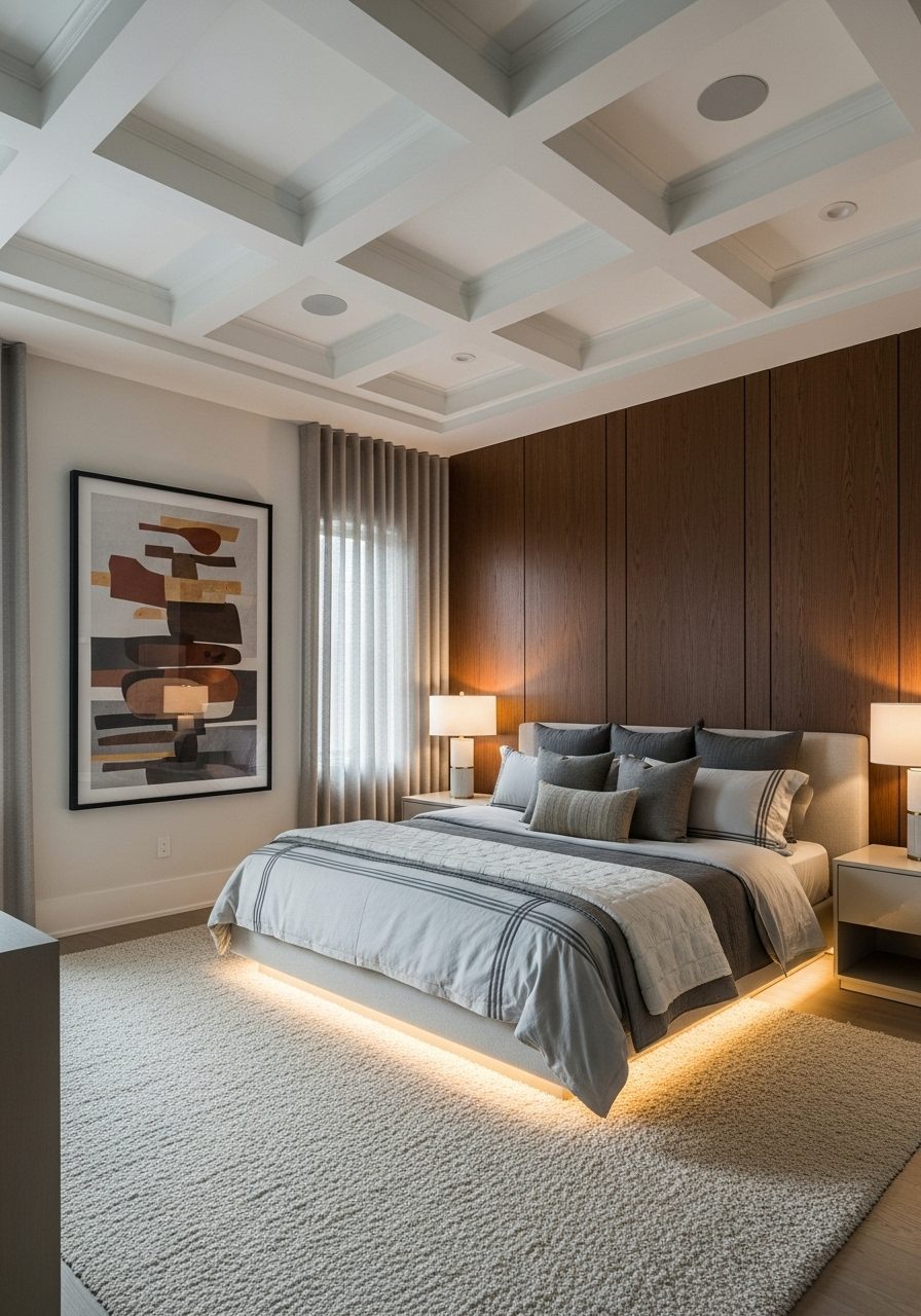 Coffered ceiling and tall artwork enhance proportions in a bedroom with vaulted ceilings