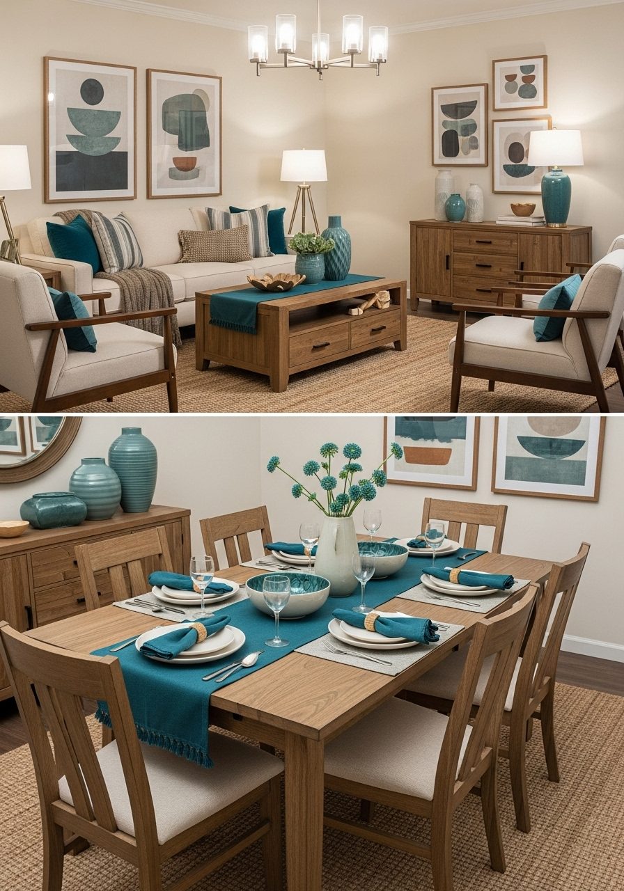 Cohesive color palette used across living and dining areas in a single shared space