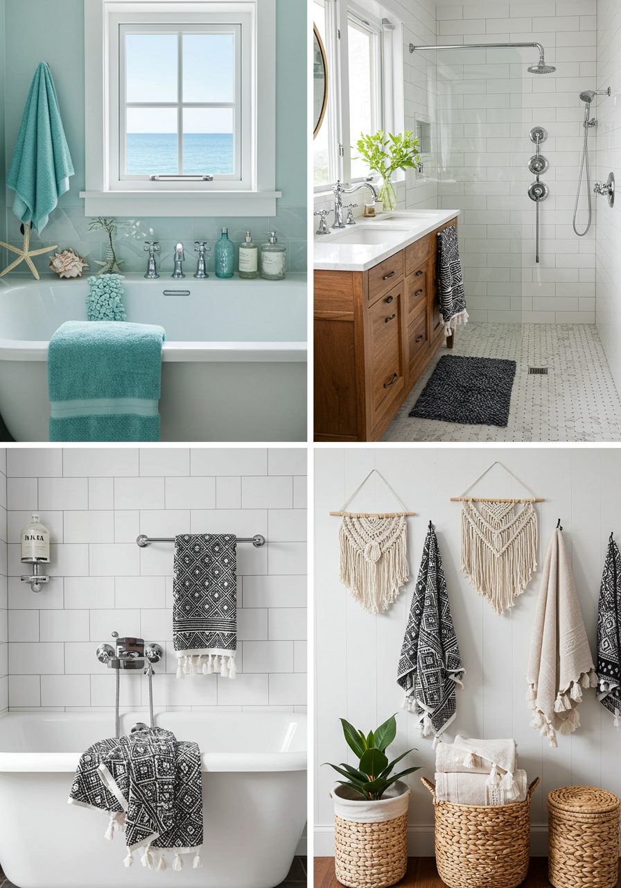 Collage of bathrooms showing towel styles matched with coastal, boho, modern, and farmhouse decor themes