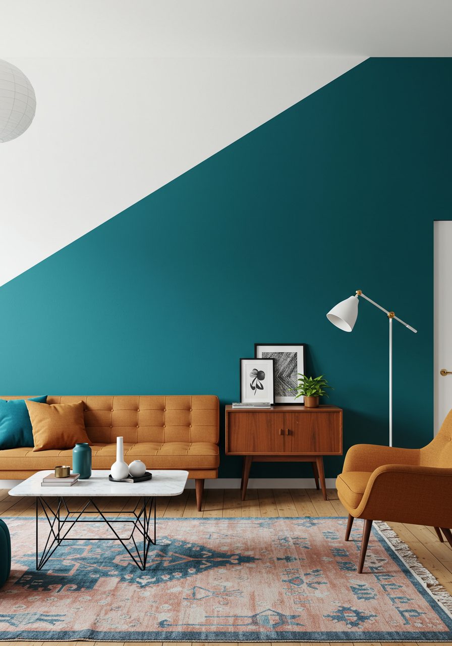 Color-blocked angled wall in a living room with modern paint design