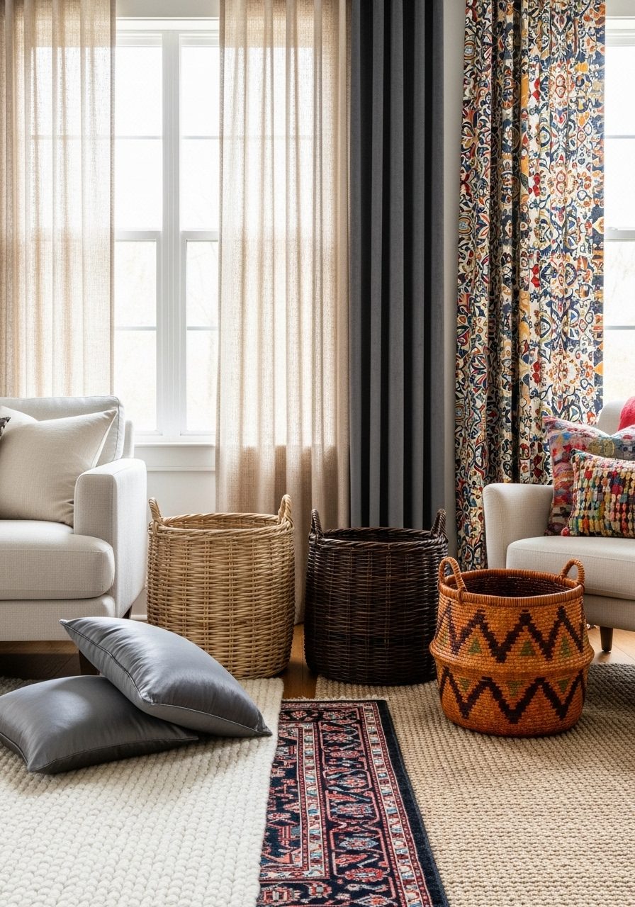 Color-coordinated decorative baskets matching a living room’s color scheme