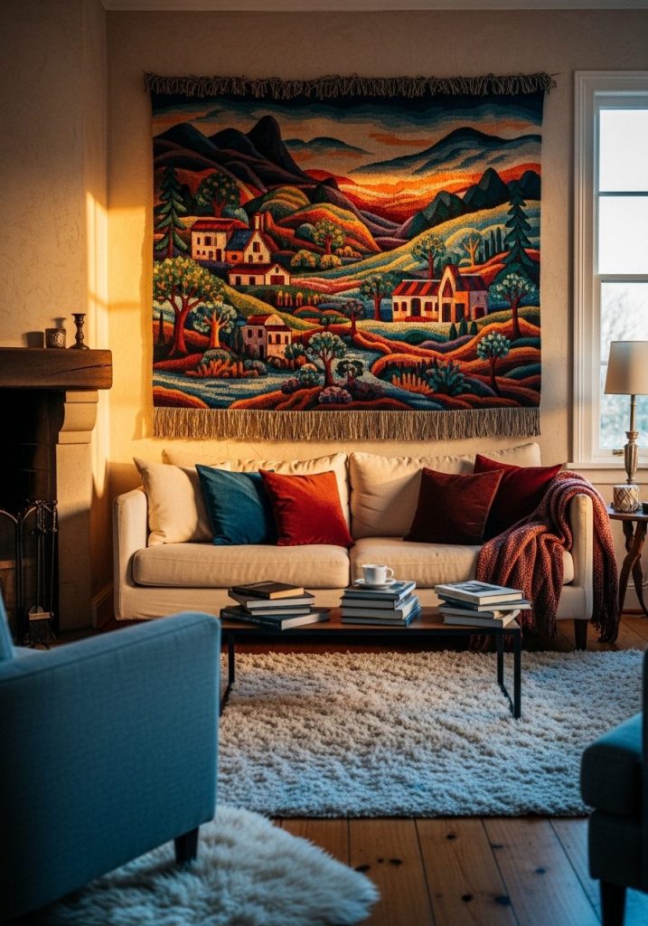 Colorful tapestry above the sofa in a cozy living room