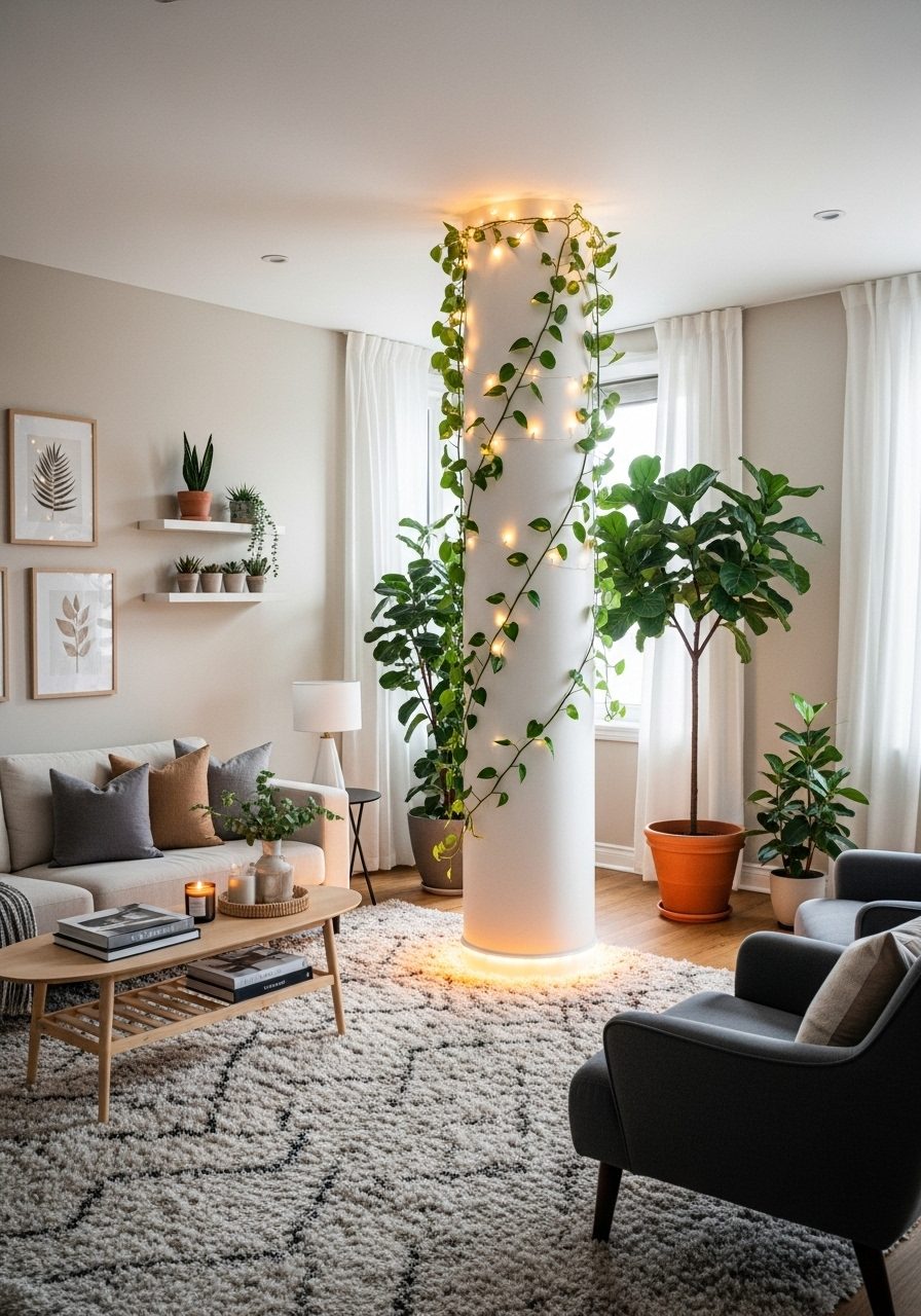 Column decorated with climbing vines and warm lighting for cozy ambiance