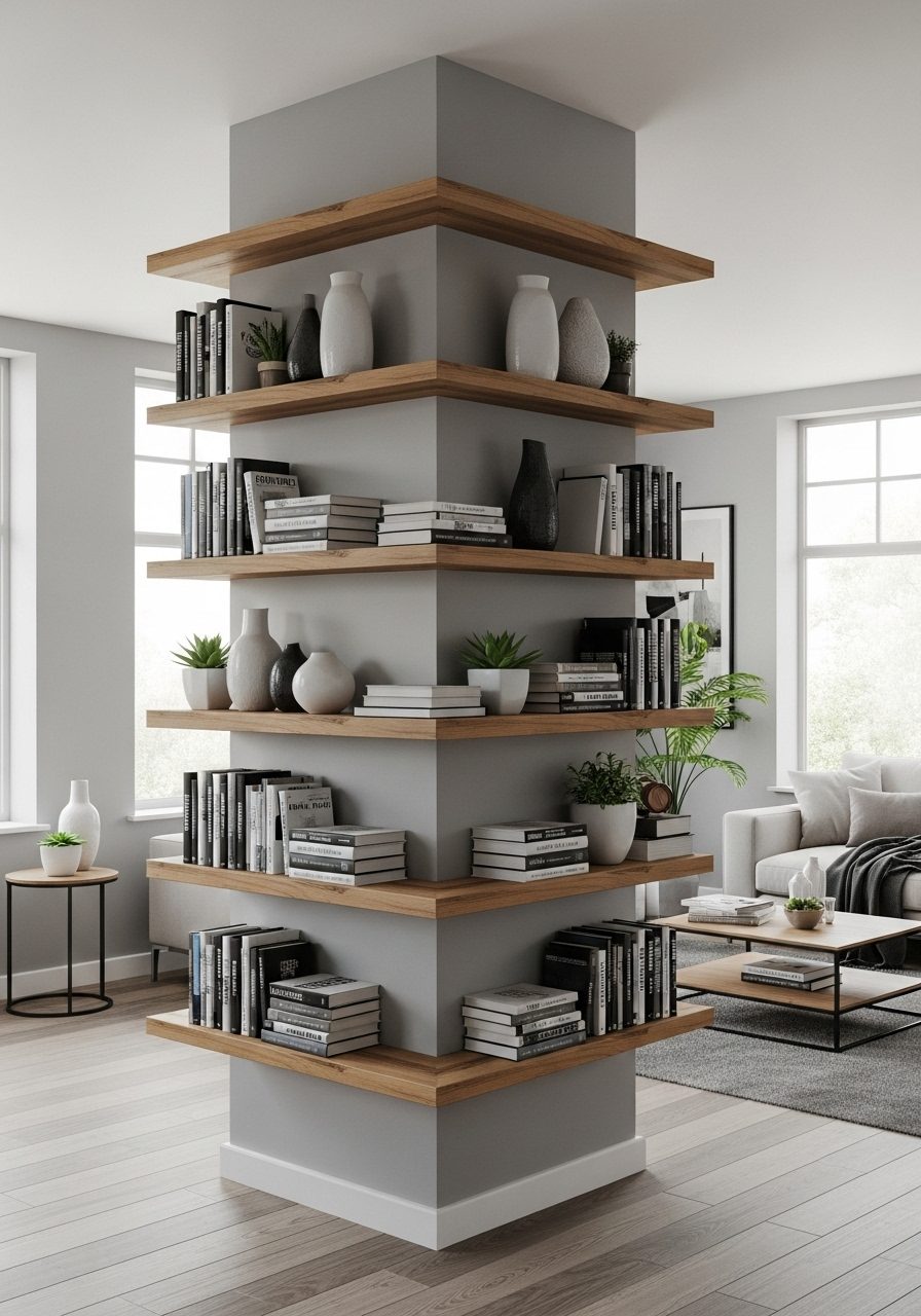 Column transformed into built-in shelving for books and decor in living space