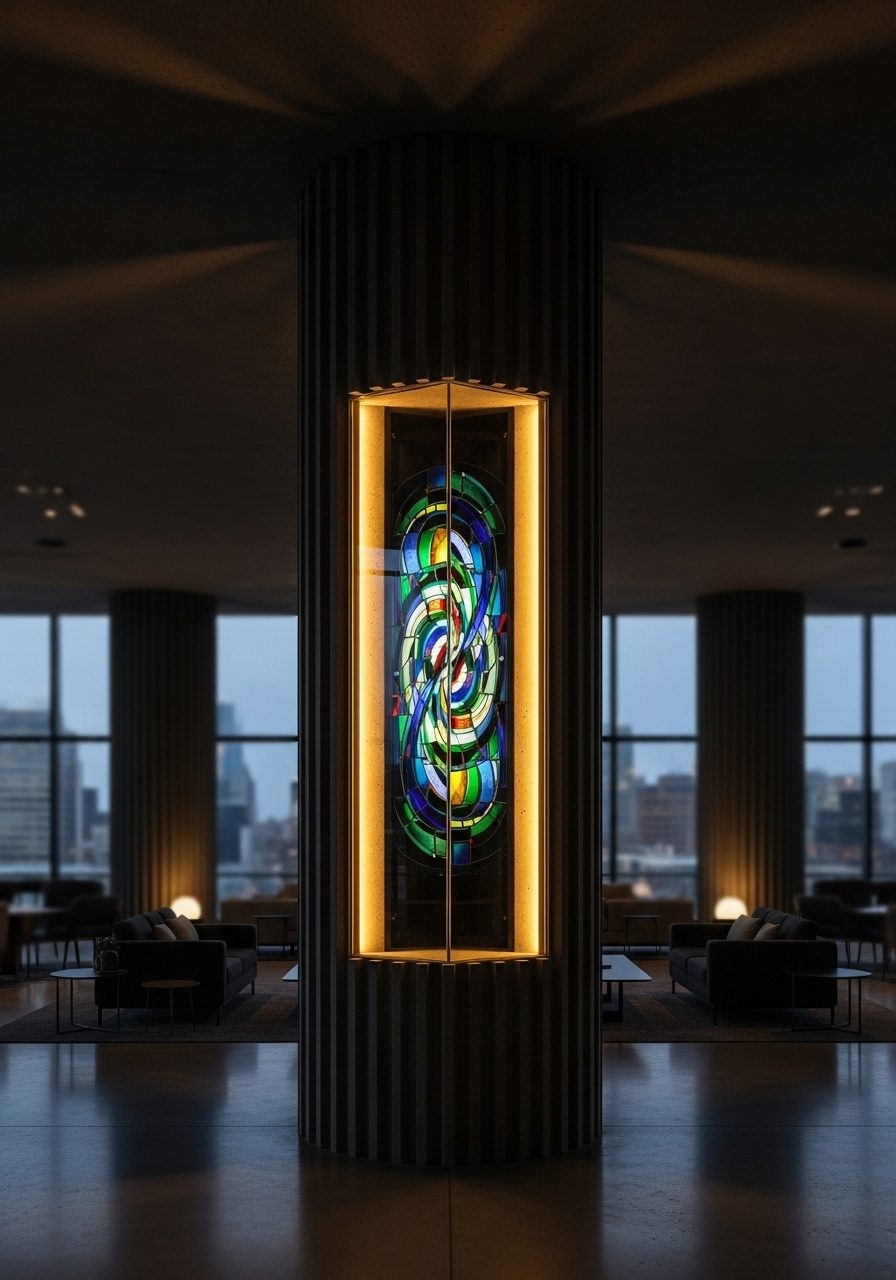 Column turned into artistic focal point with backlit stained glass panel