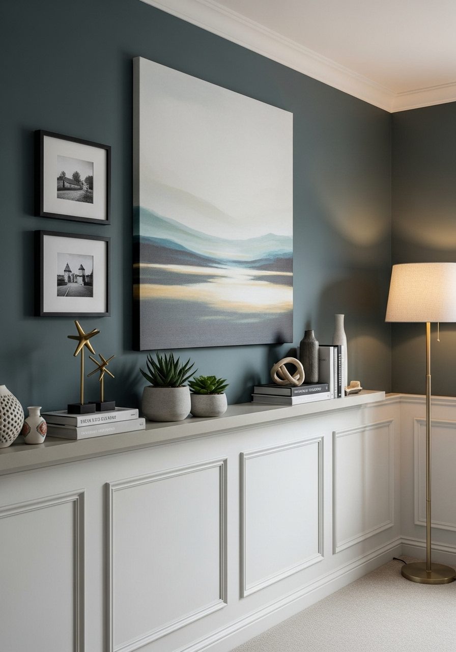 Combined design elements—paint, paneling, shelves, art—on a long living room wall