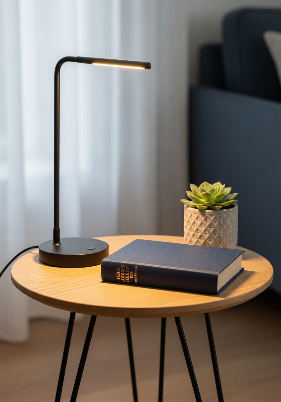 Compact living room side table with lamp, book, and small plant styled for minimal clutter