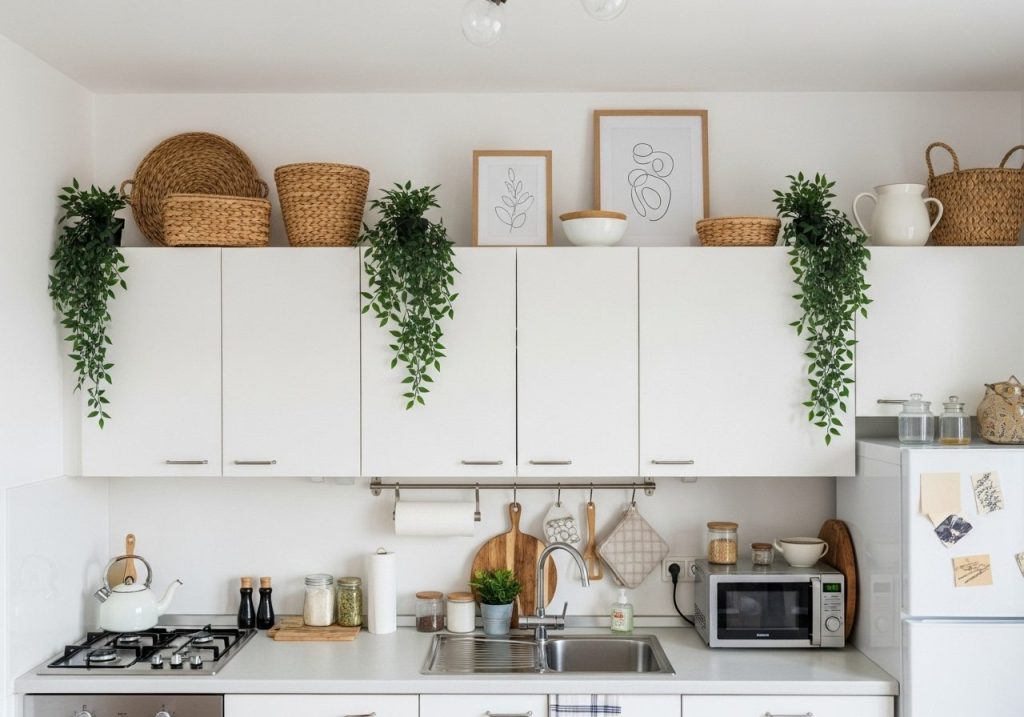 Compact modern kitchen with creatively decorated space above the cabinets, featuring plants, baskets, and framed art for a stylish and functional look