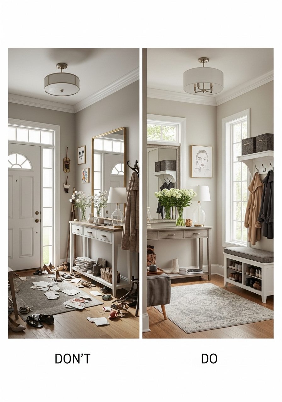 Comparison of cluttered entryway vs. well-decorated spacious entryway