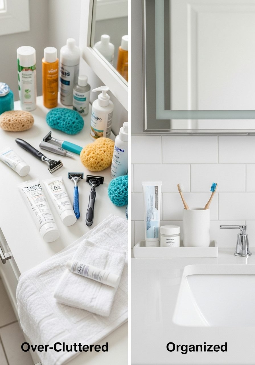 Comparison of cluttered vs clean bathroom countertop decor