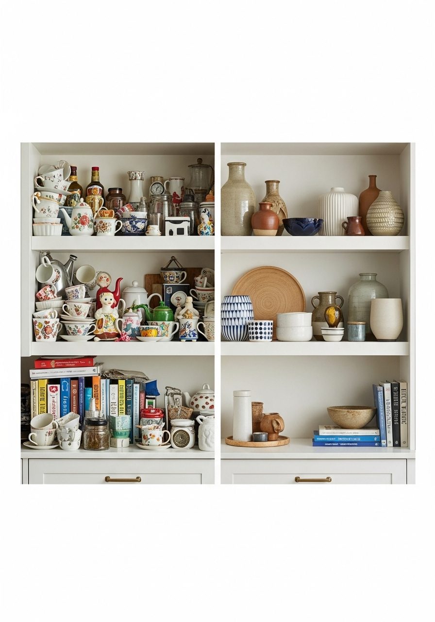 Comparison of cluttered vs. well-styled kitchen cabinet-top decor