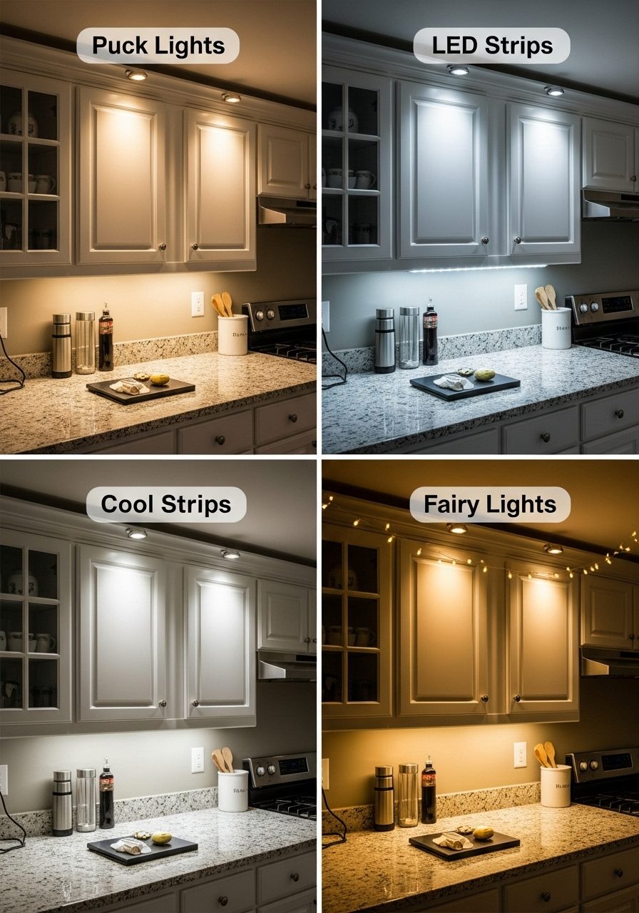 Comparison of different lighting types for decorating kitchen cabinet tops