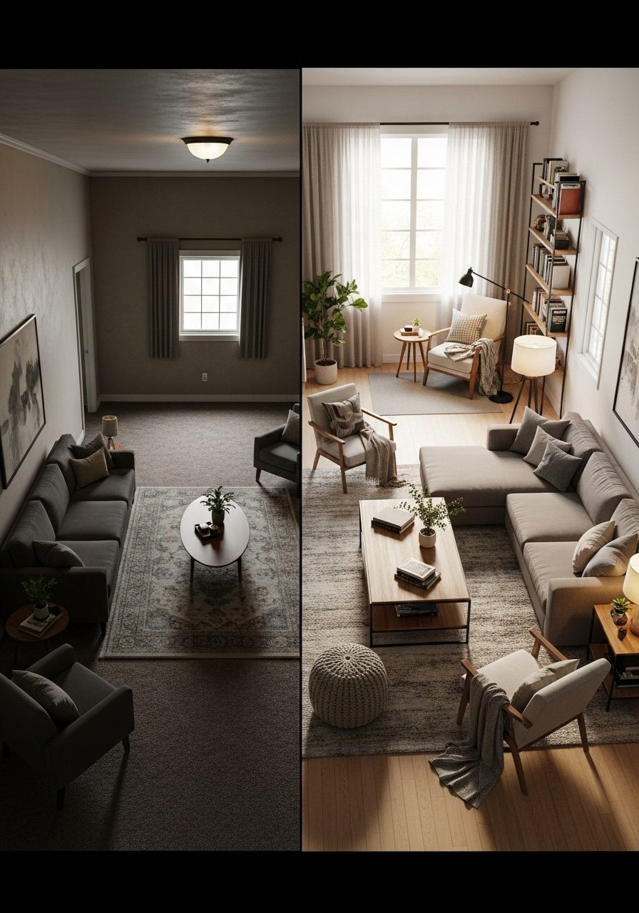 Comparison of incorrect vs correct furniture placement in rectangular living rooms