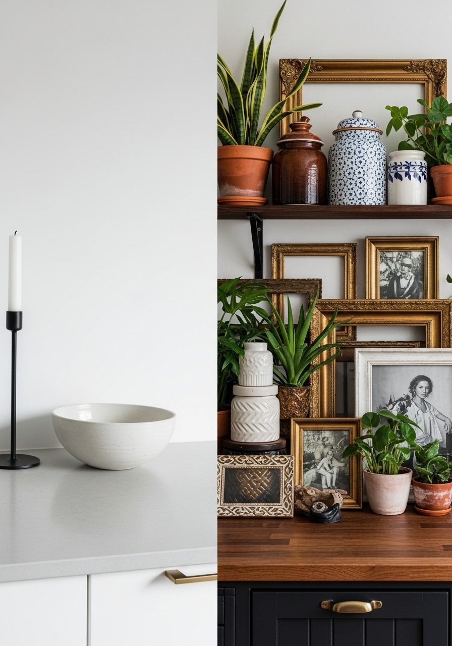Comparison of minimalist and maximalist bathroom countertop styles