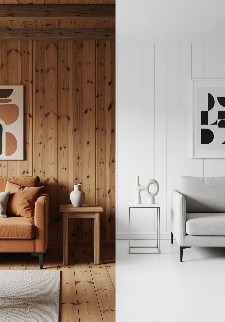 Comparison of natural wood paneling versus painted white paneling in a living room