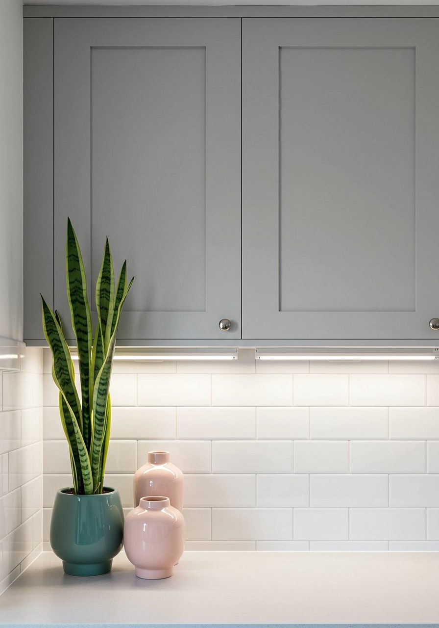 Contemporary decor items like vases, plants, and lights arranged above kitchen cabinets