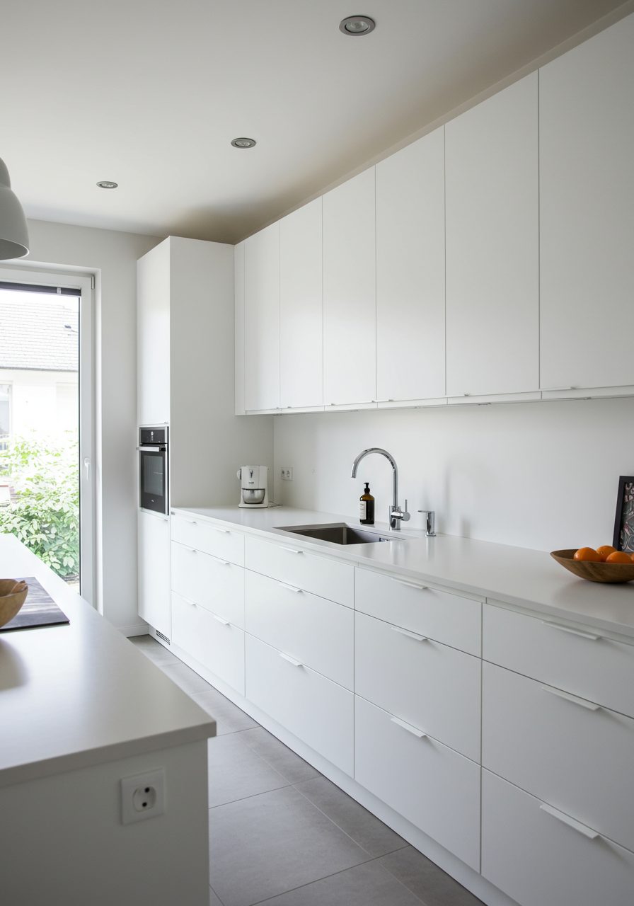 Contemporary kitchen with empty space above cabinets emphasizing minimalist design