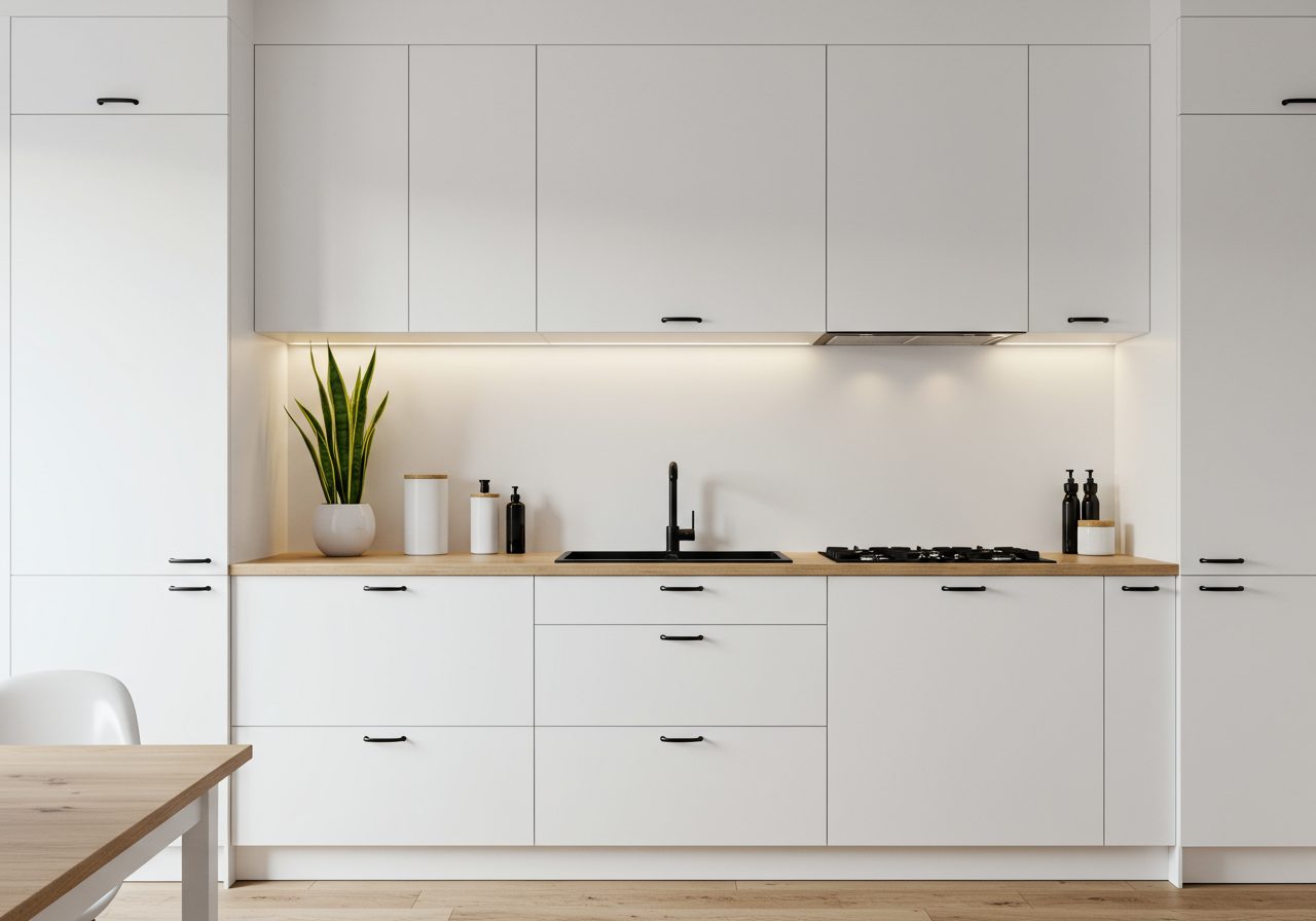 Contemporary white kitchen with minimal decor and greenery styled above upper cabinets