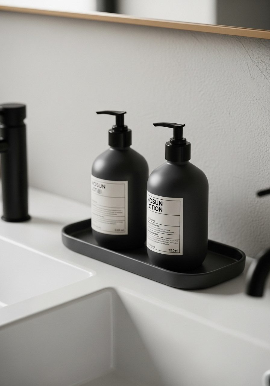 Coordinated soap and lotion containers on bathroom counter
