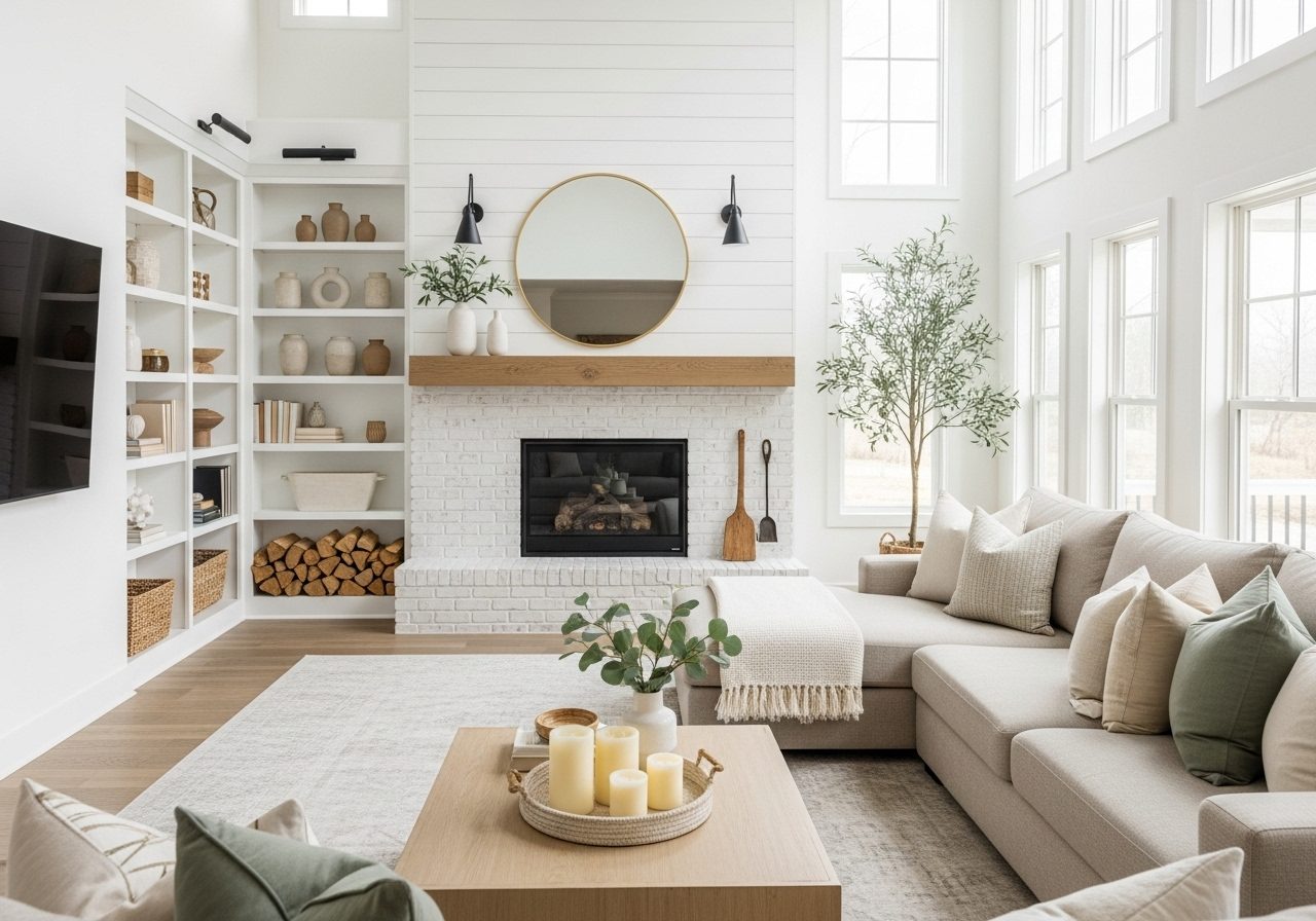 Corner fireplace living room with angled sectional, white brick surround, large round mirror, built-in shelves, and neutral cozy decor