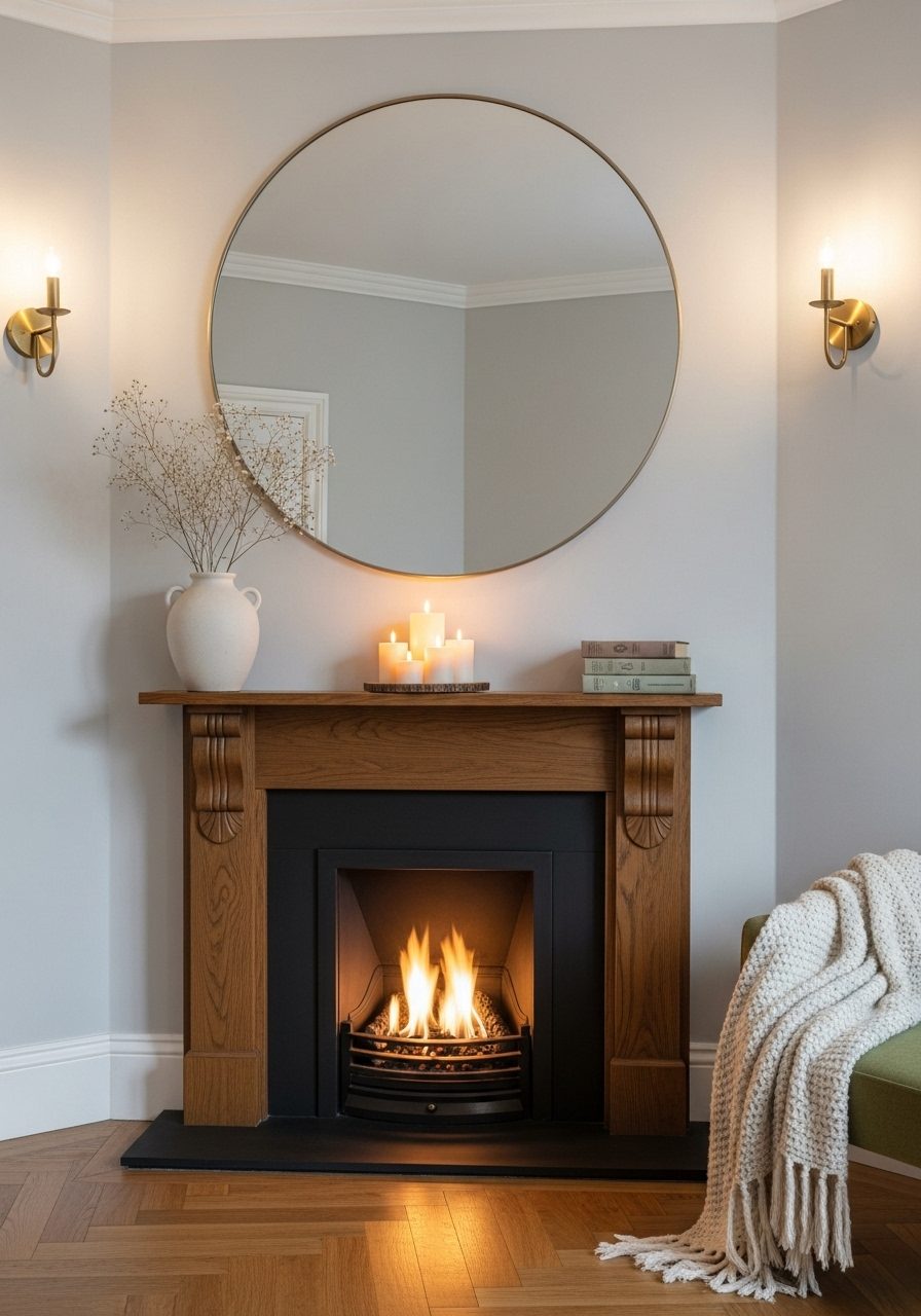 Corner fireplace mantel styled with a round mirror, brass sconces, and minimal decor in a neutral-toned room