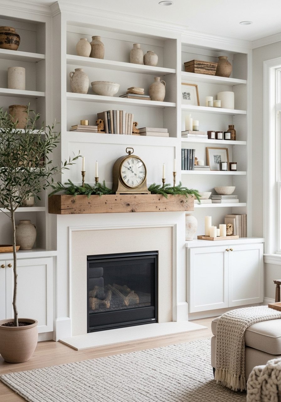 Corner fireplace with white built-in shelves, decorative accents like pottery and candles, and a tall indoor plant