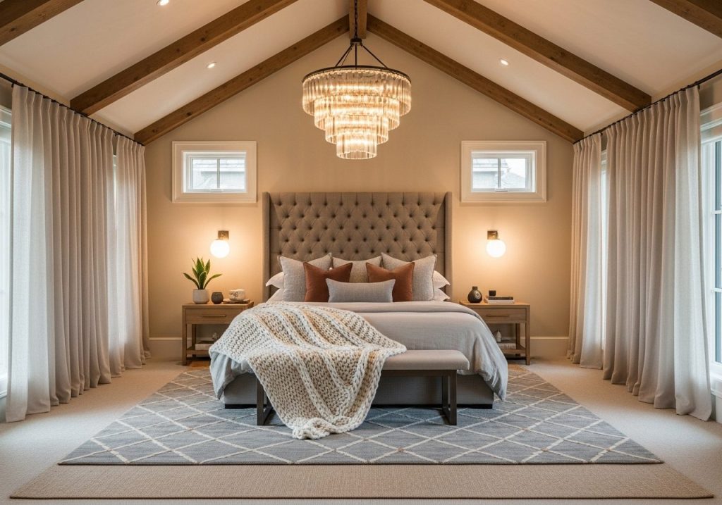 Cozy and stylish bedroom with high ceilings, chandelier, tall headboard, and ceiling-to-floor curtains