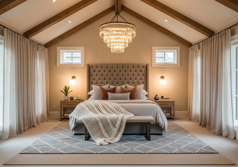 Cozy and stylish bedroom with high ceilings, chandelier, tall headboard, and ceiling-to-floor curtains