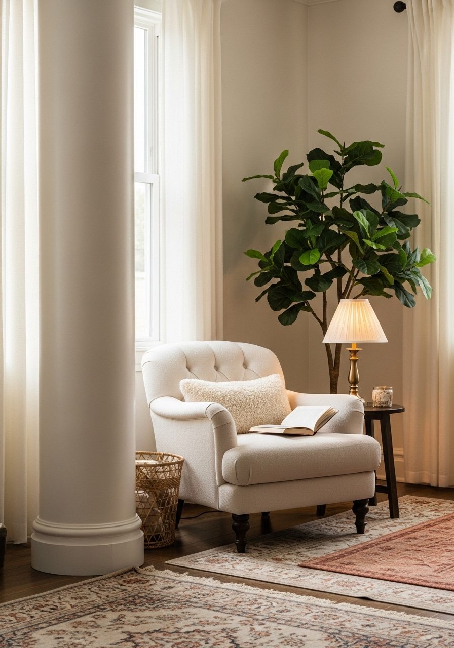 Cozy corner setup with a chair, lamp, and rug arranged around a central pillar