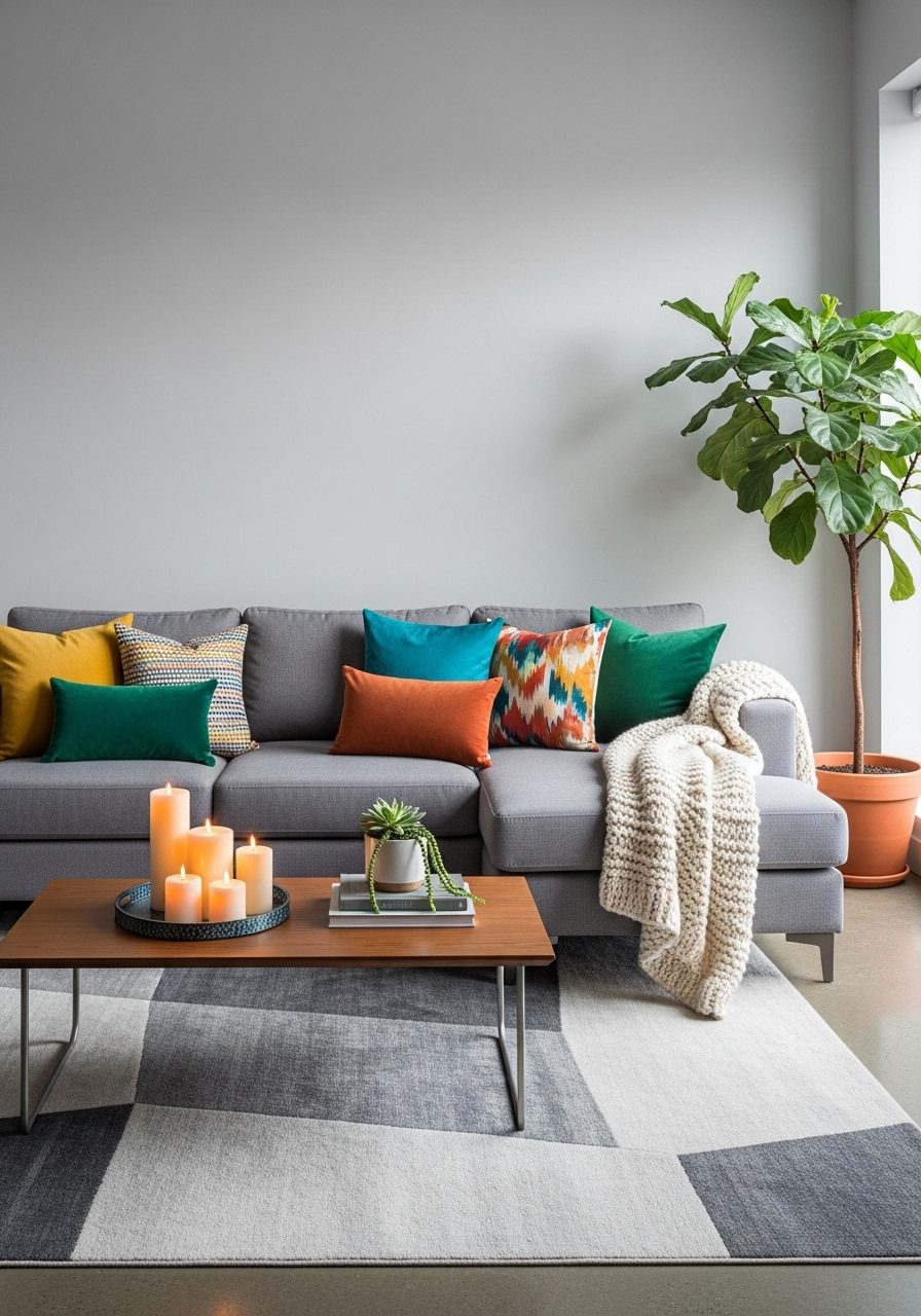 Cozy gray living room styled with accent pillows, soft blankets, candles, and indoor plants