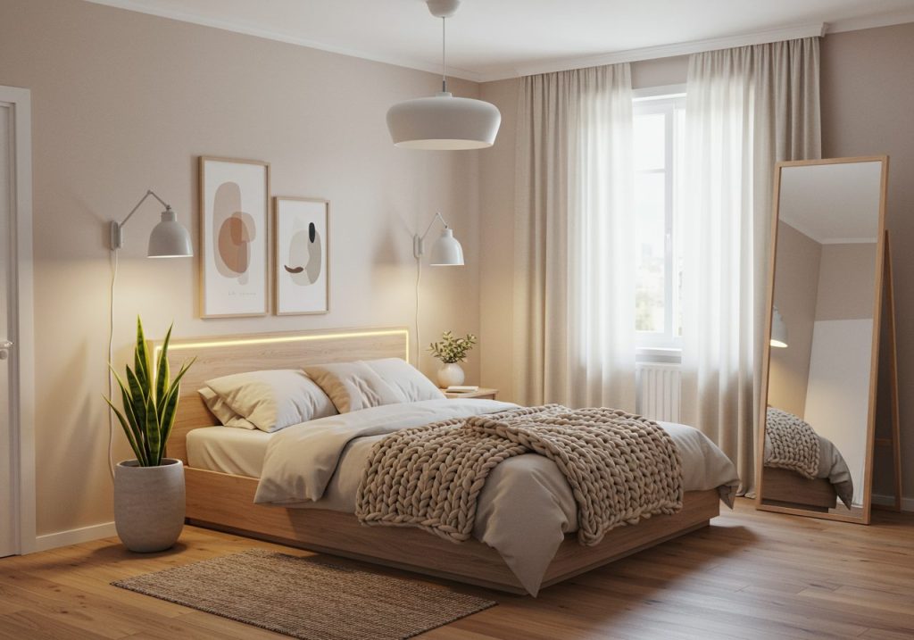 Cozy windowless bedroom with soft lights, mirror curtains, plants, and warm neutral decor