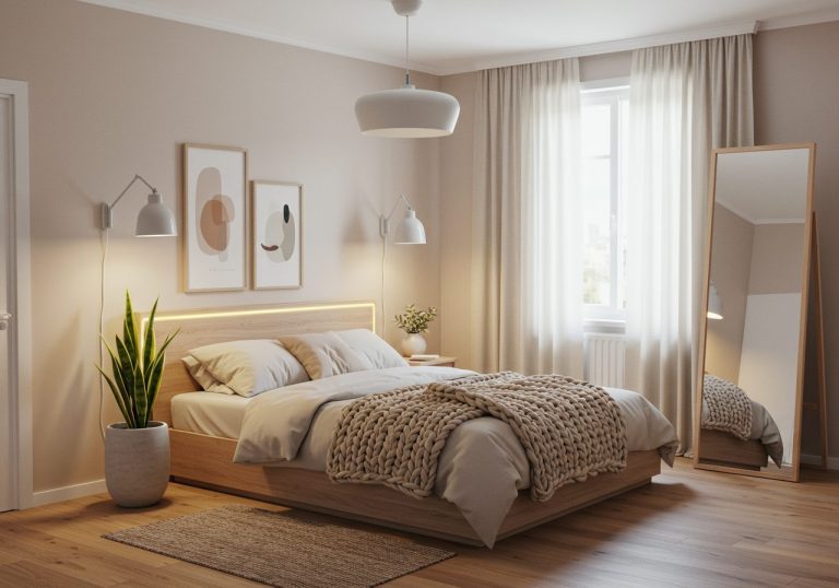 Cozy windowless bedroom with soft lights, mirror curtains, plants, and warm neutral decor