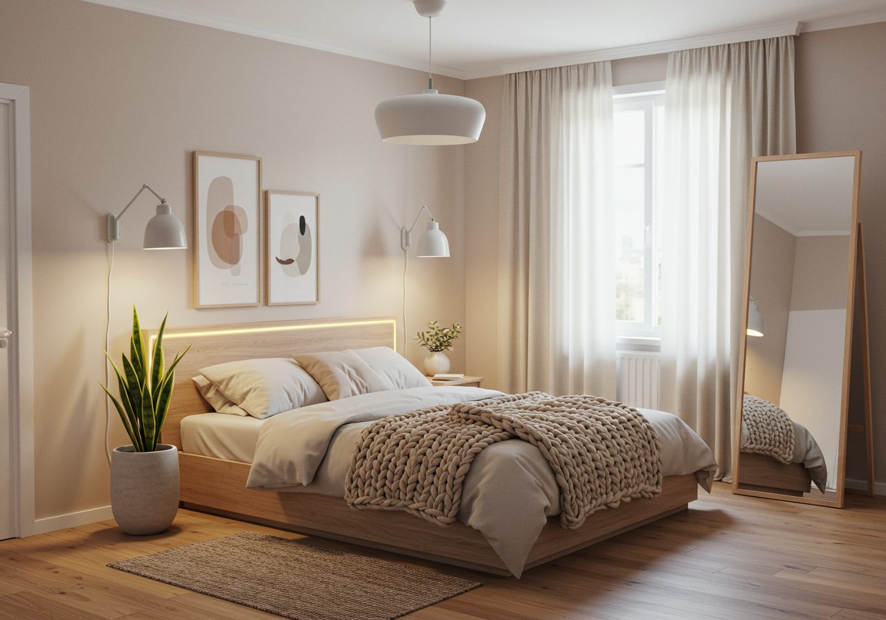 Cozy windowless bedroom with soft lights, mirror curtains, plants, and warm neutral decor