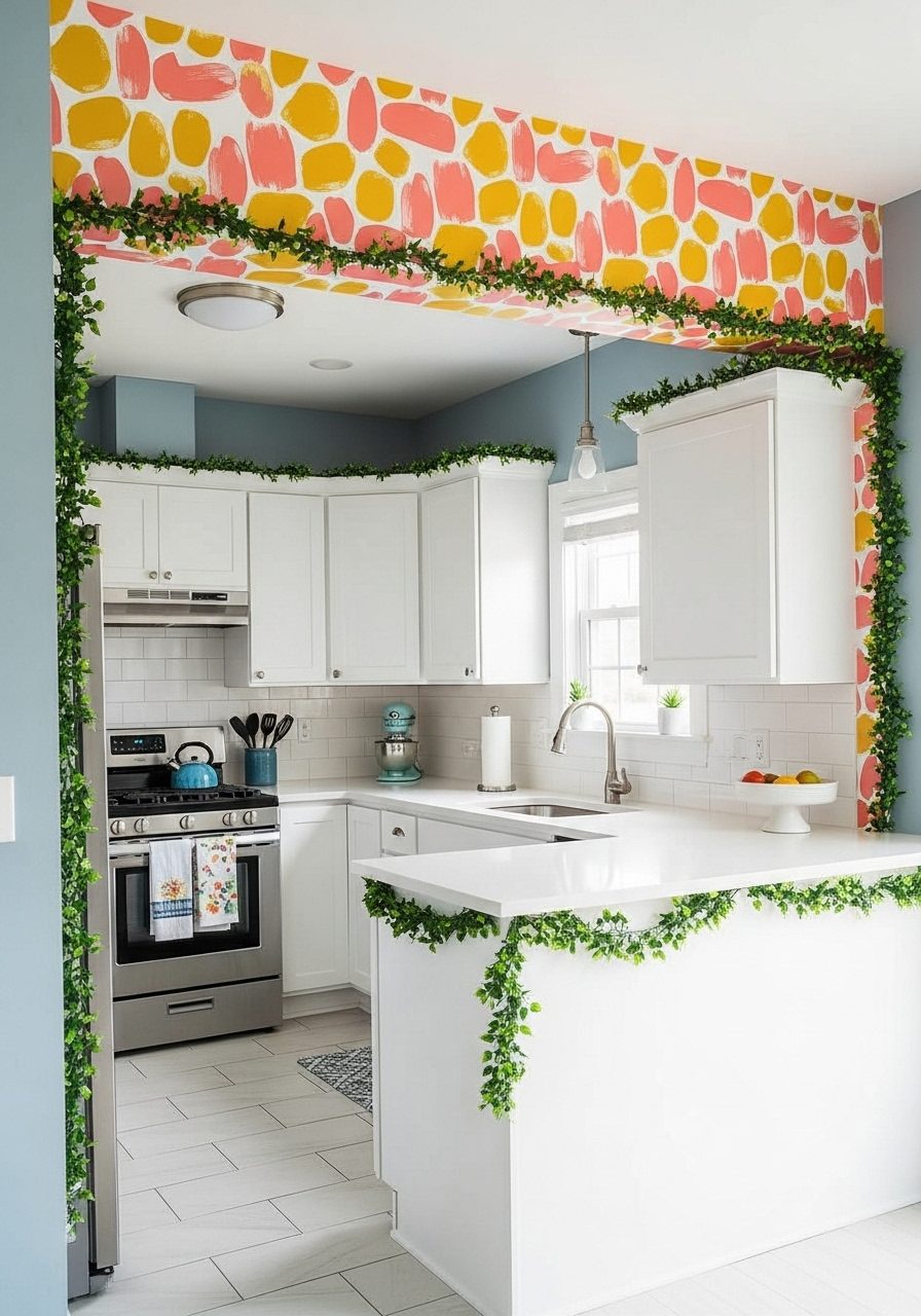 Creative decor on kitchen bulkhead using wallpaper and greenery above cabinets