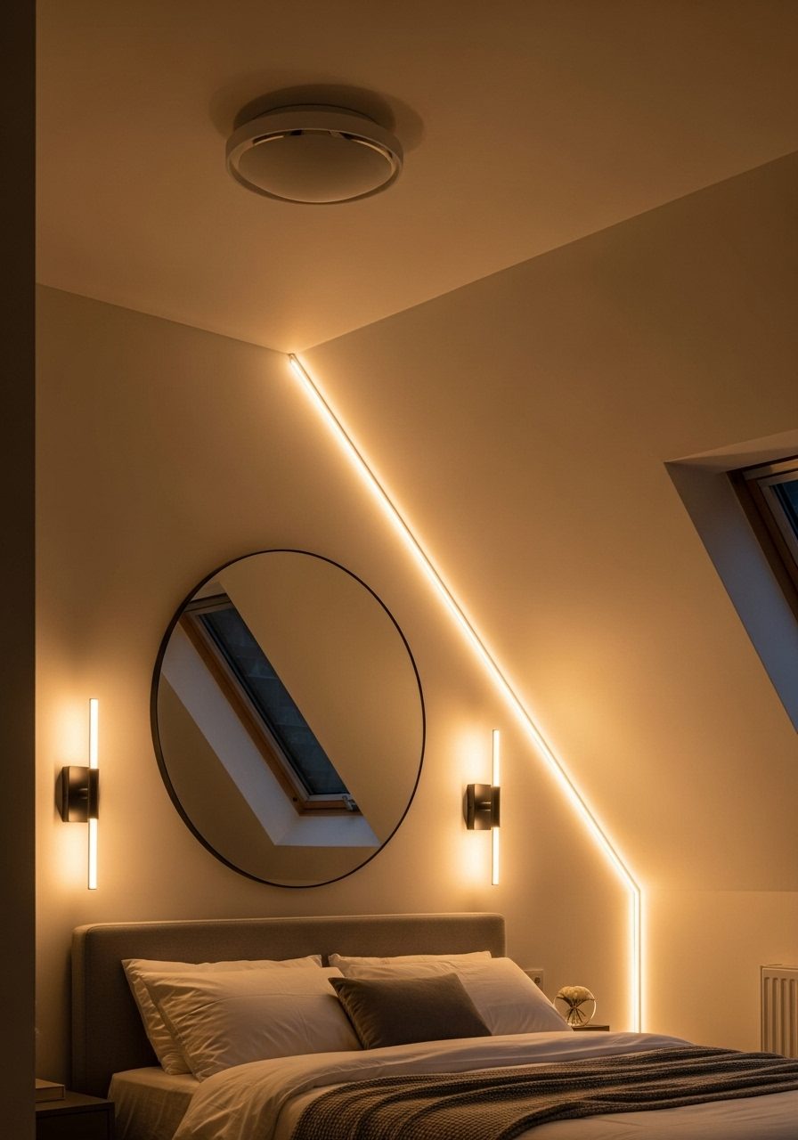 Creative lighting and mirror placement used to enhance a slanted ceiling bedroom