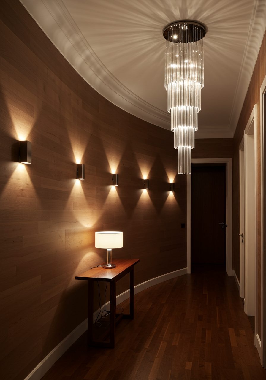 Curved entry wall with layered lighting including sconces, chandelier, and table lamp