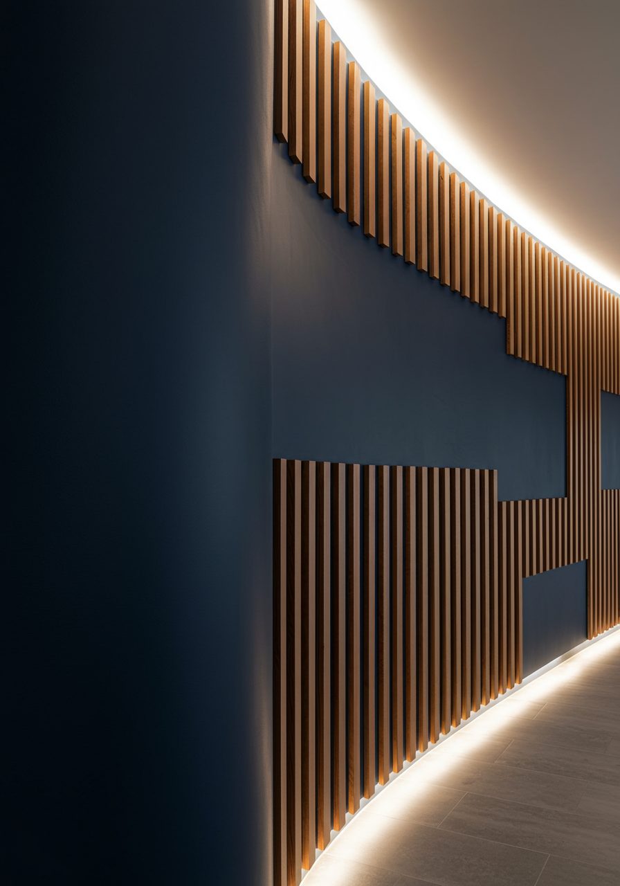 Curved entry wall with navy paint and vertical wood paneling for definition
