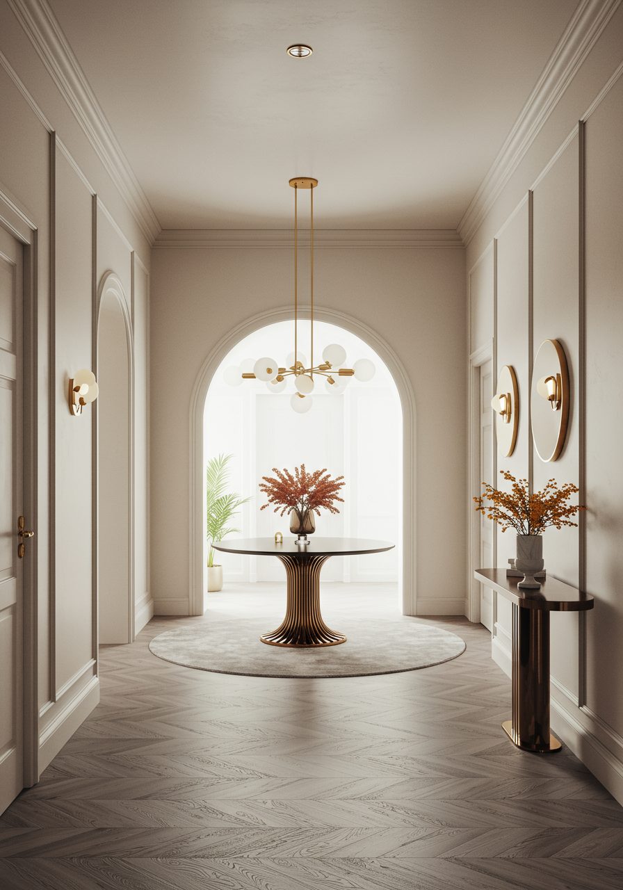 Curved entryway layout showing proper spacing and symmetrical furniture flow