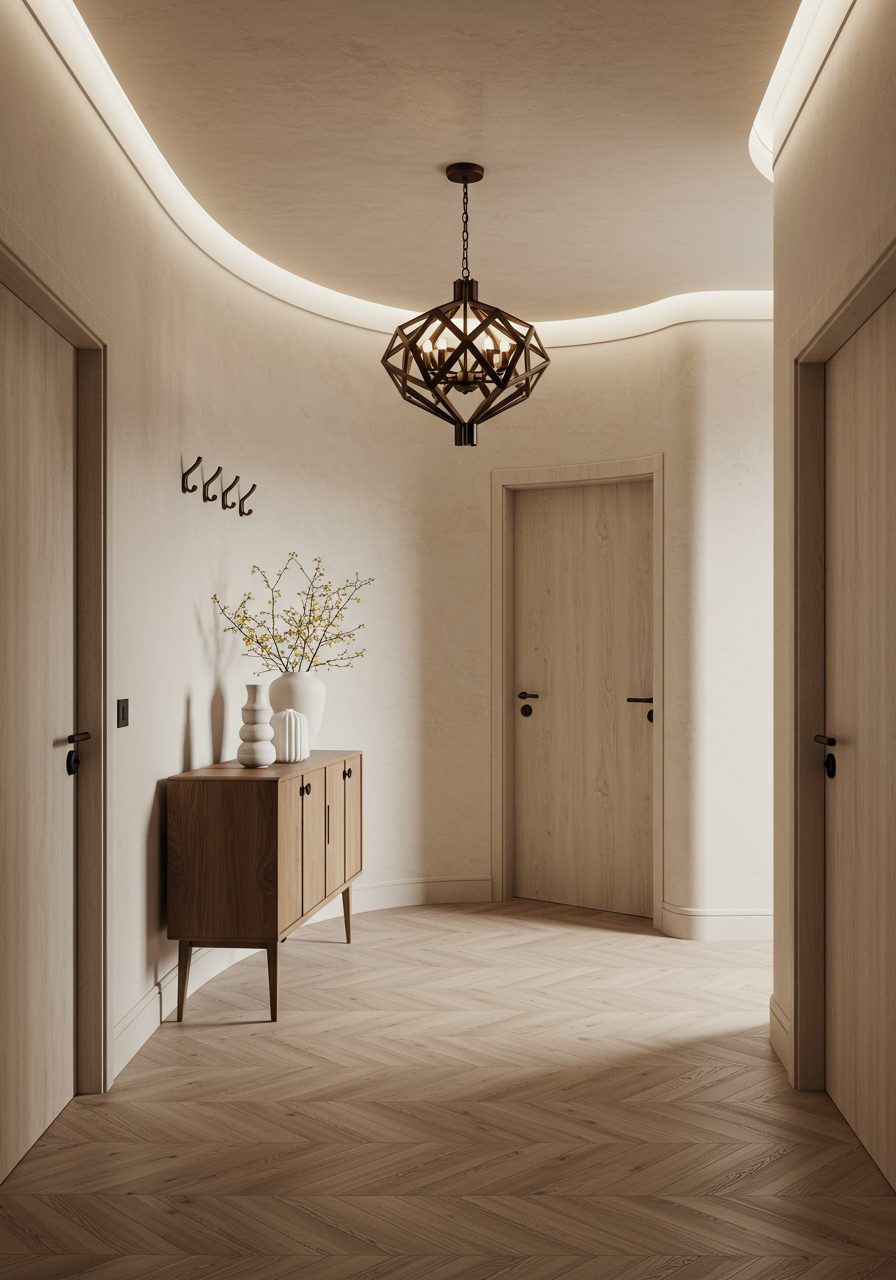 Curved entryway with monochrome palette and cohesive color styling