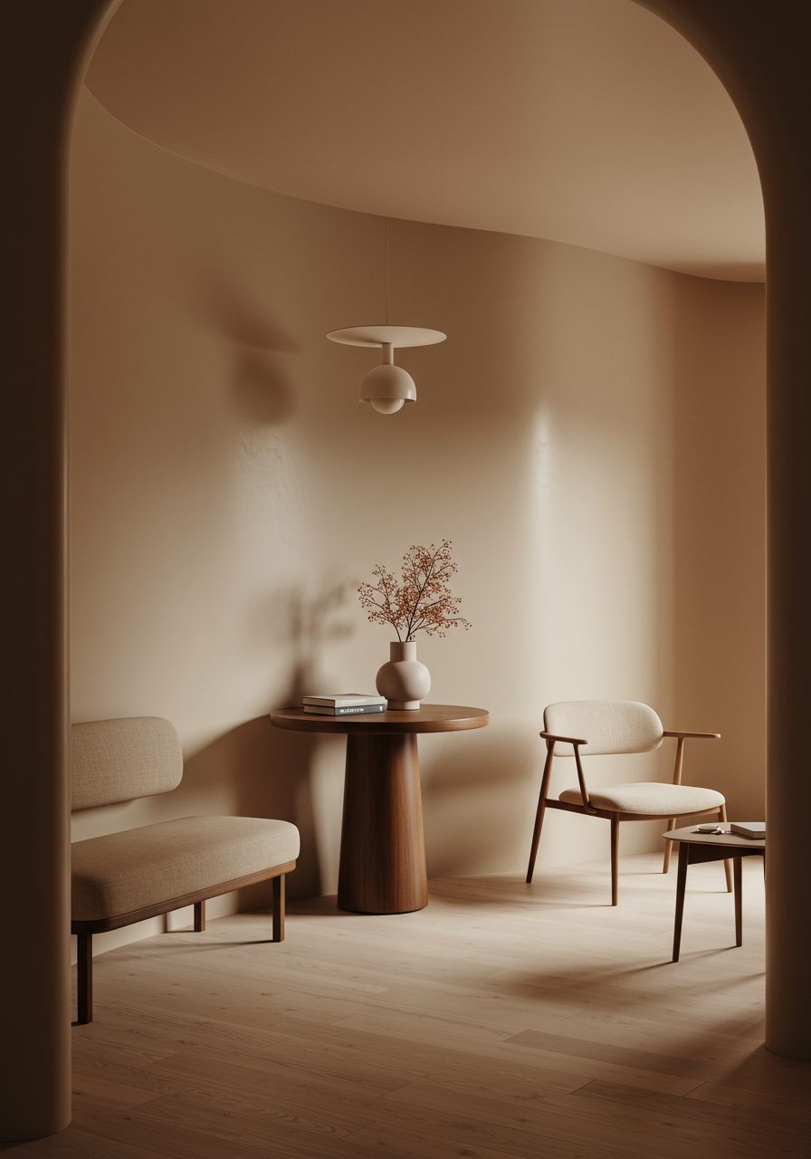 Curved entryway with round console, curved bench, and accent chair for seating