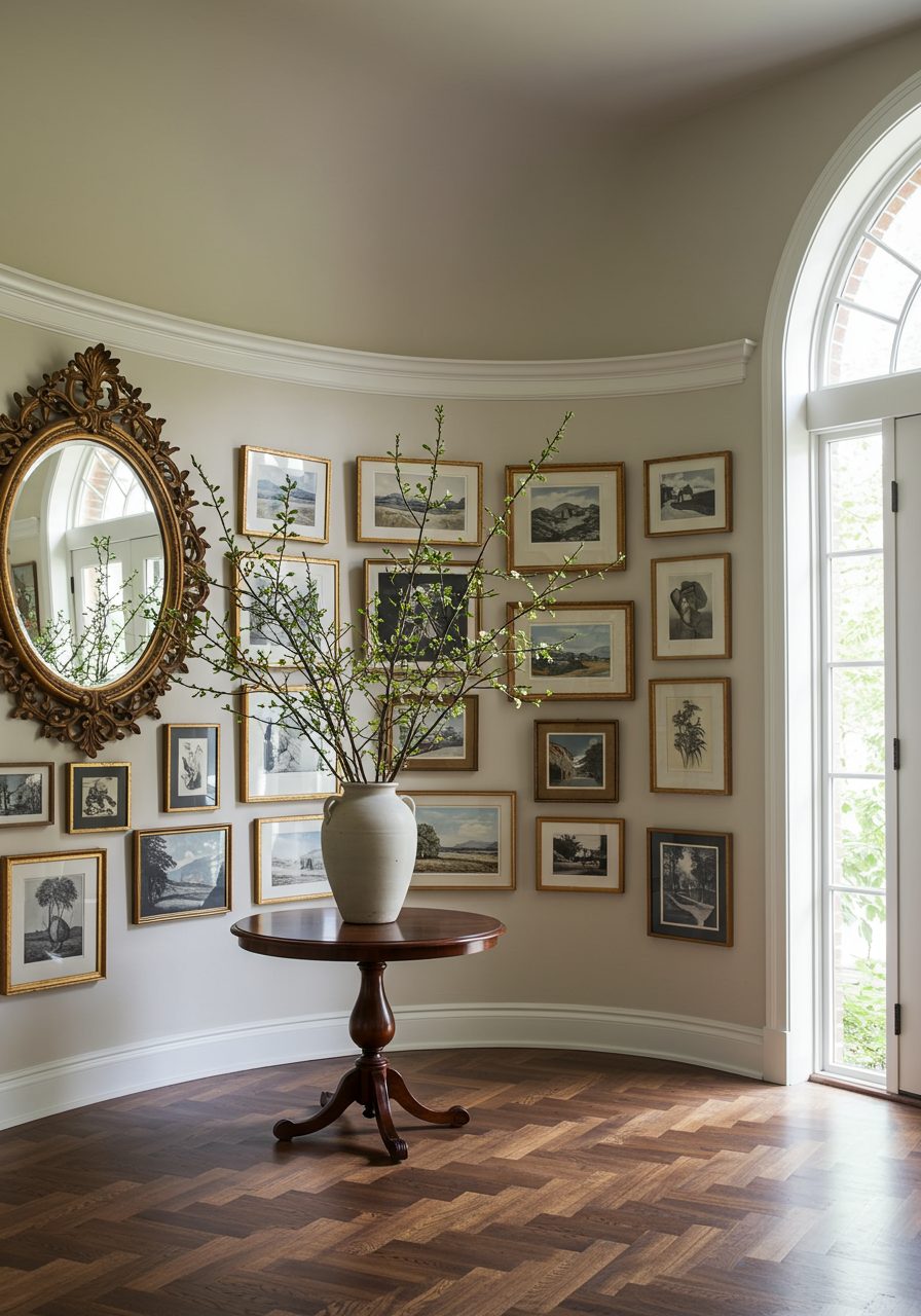 Curved wall decorated with round mirror, framed art, and floral vase