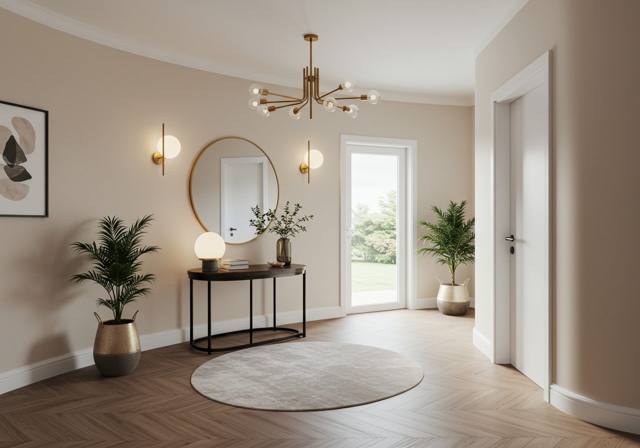 Curved wall entryway with round table, mirror, rug, and layered lighting in a modern neutral home