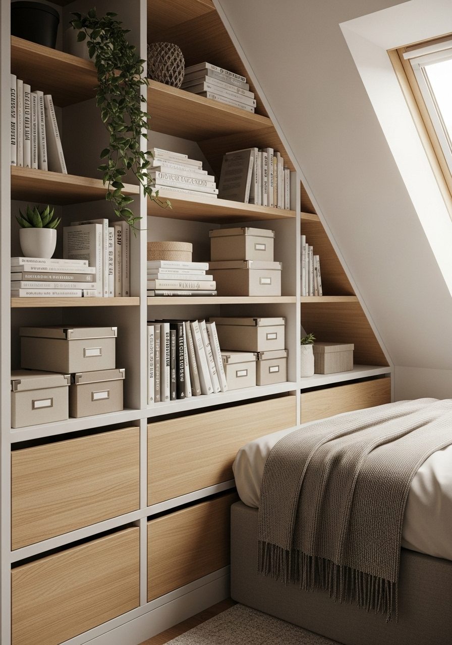 Custom built-in storage installed along a slanted bedroom wall