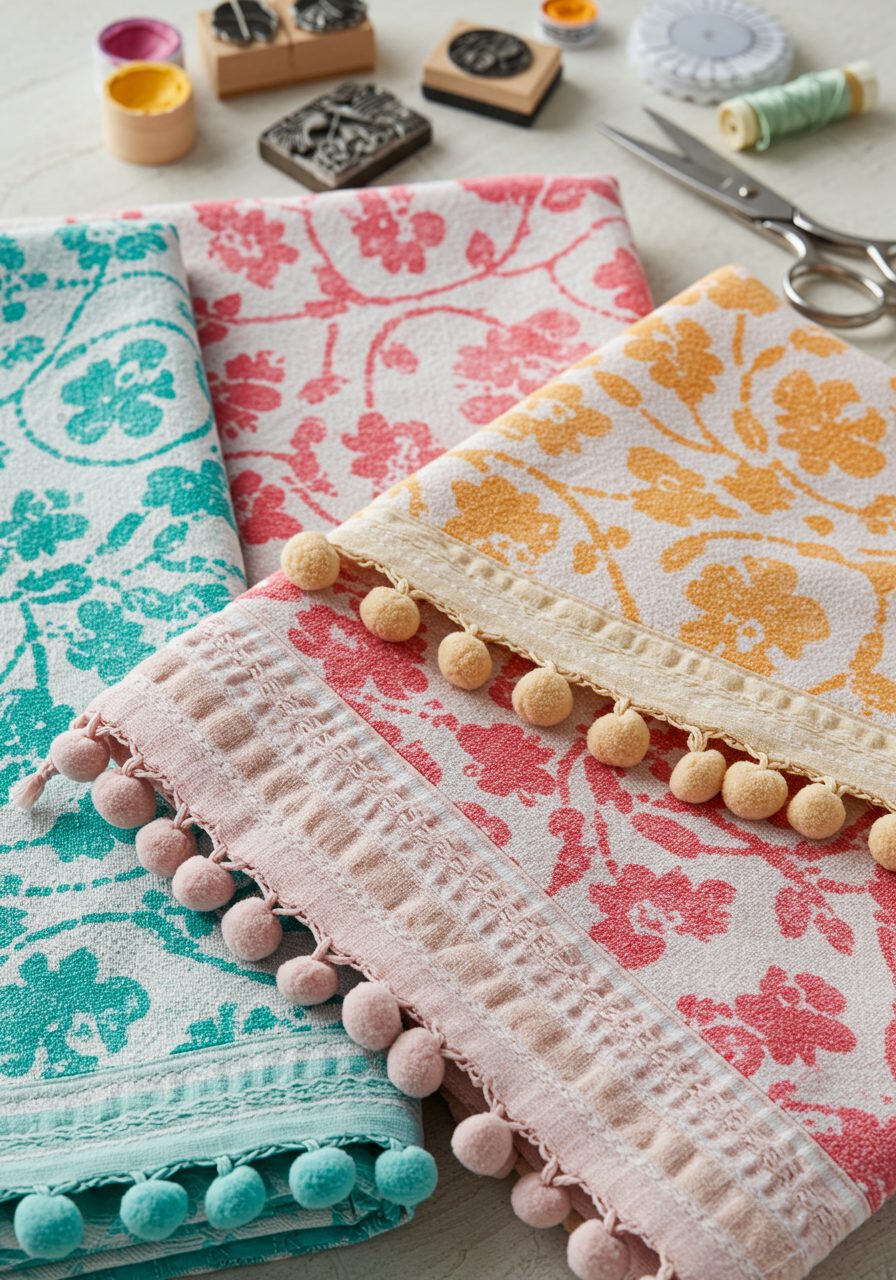 DIY bathroom towels decorated with fringe, patterns, and trims for a personalized touch