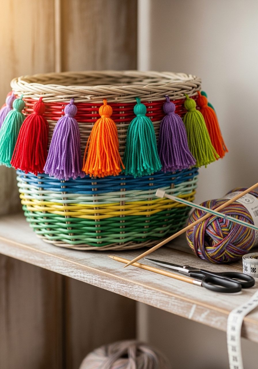 DIY-decorated basket with tassels and painted designs on display in a cozy room