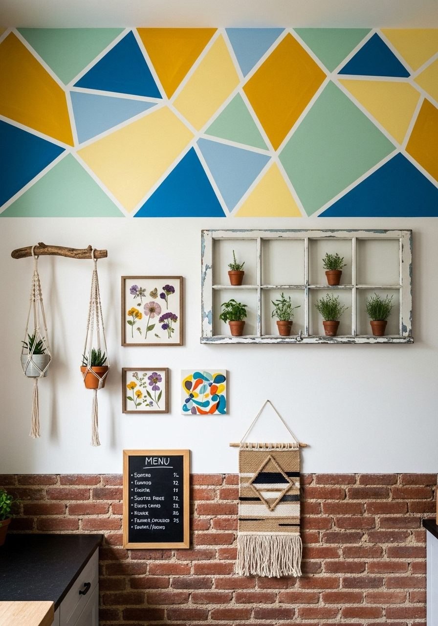 DIY kitchen wall featuring a painted mural and handmade decor pieces
