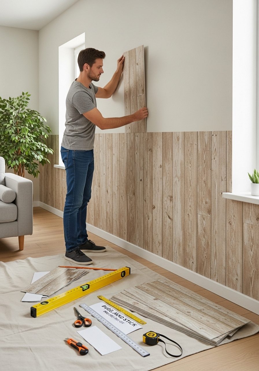 DIY wood paneling installation using peel-and-stick panels in a budget living room upgrade