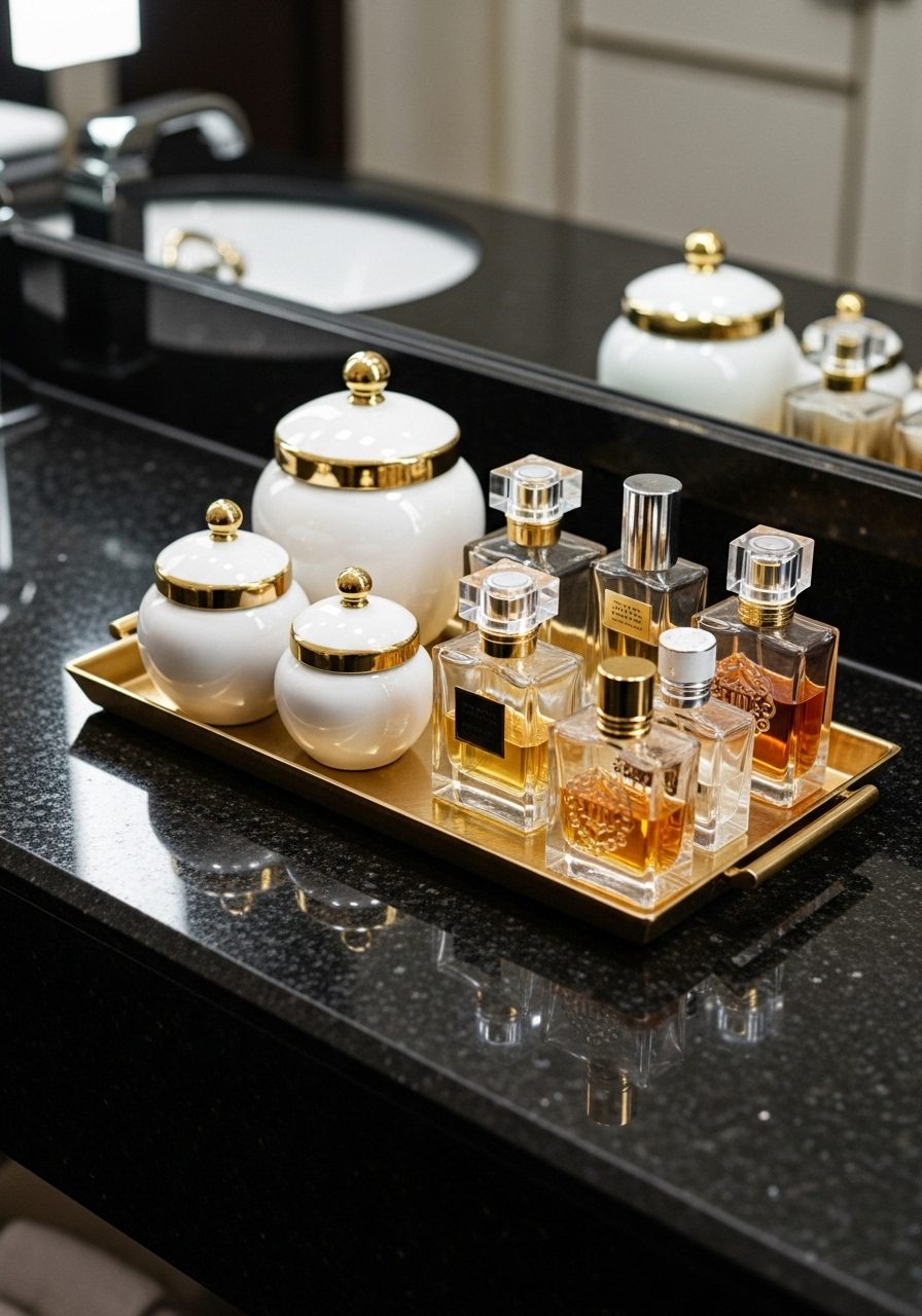 Dark granite bathroom counter with gold and white decor