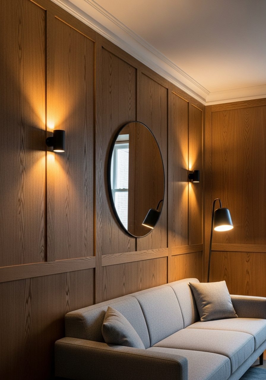 Dark wood paneling highlighted by directional lighting and contrasting light-colored furniture
