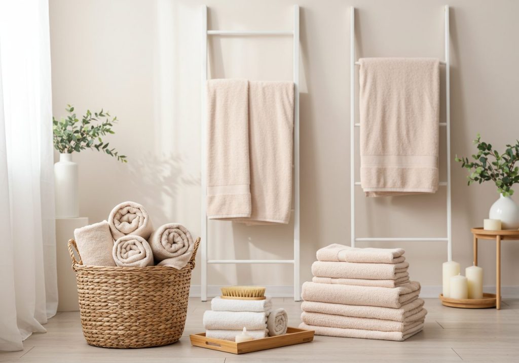 Decorated bathroom featuring spa-rolled towels, layered towel bar display, fan-folded hand towels, and towel ladder in a light-filled neutral-toned space